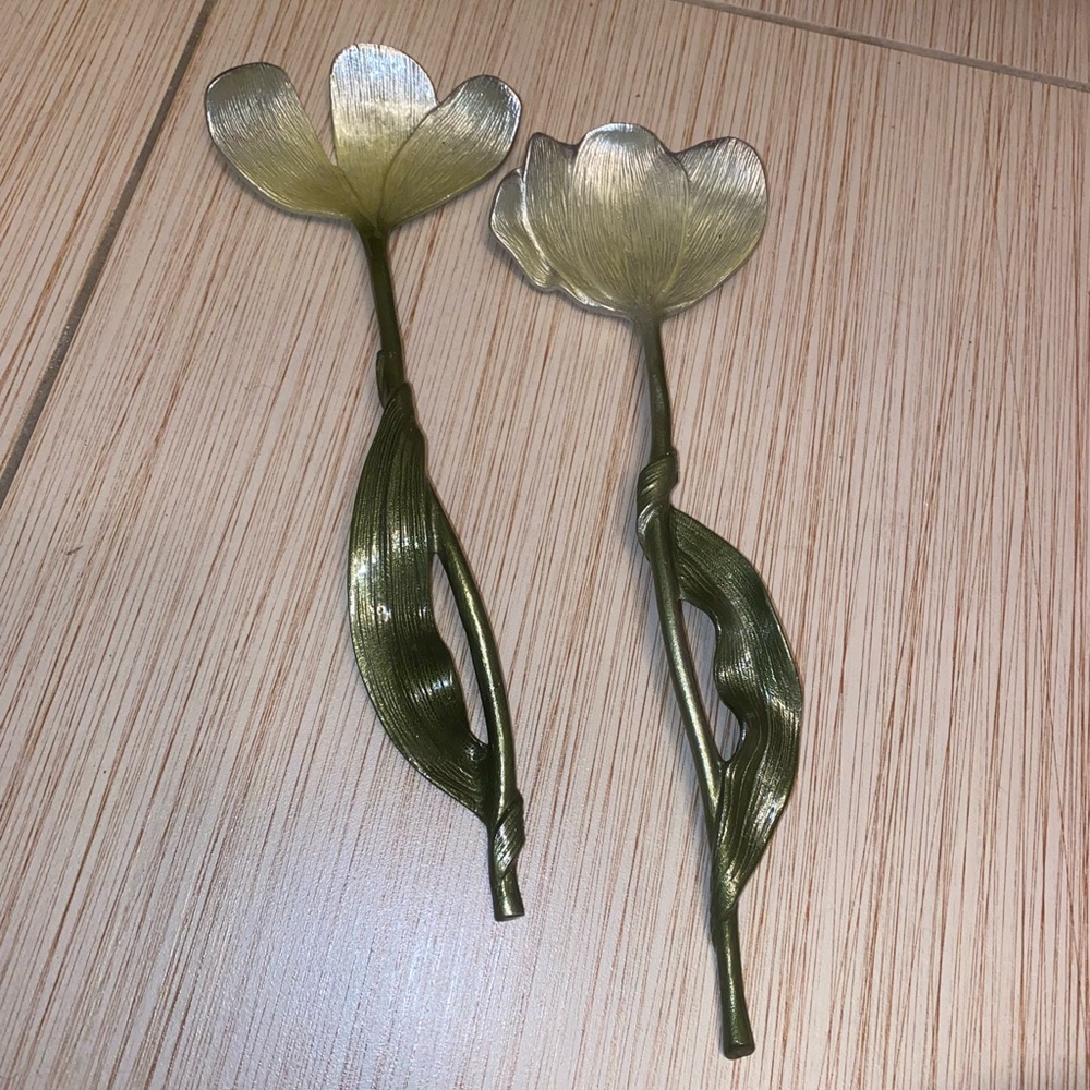 Michael Aram Gold and Green Metal Flower Aluminum Salad Spoons Utensils Retired